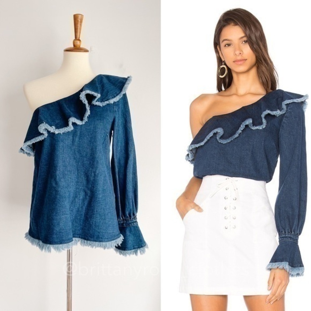 TANYA TAYLOR Denim Orla One-Shoulder Ruffle Fringe Top in Indigo